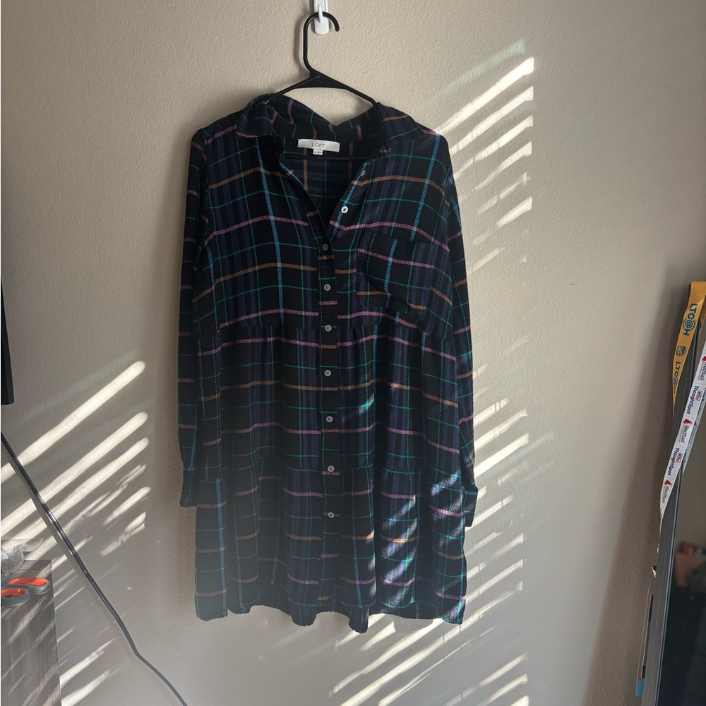 LOFT Petite Neon Plaid Tiered Pocket Shirtdress – Size M - Picture 4 of 6